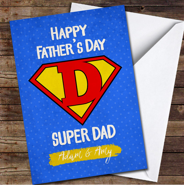 Super Dad Shield Blue Polka Dots Father's Day Names Personalised Card