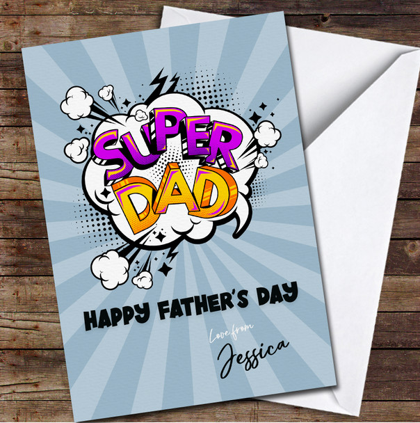 Cartoon Super Dad Father's Day Comic Style Name Personalised Card