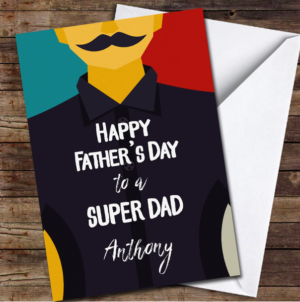 Father's Day Moustache Super Dad Daddy Blue Red Personalised Card