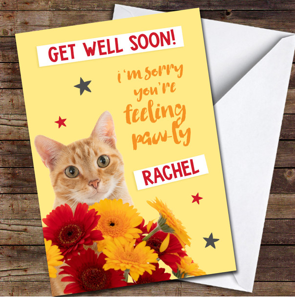 Get Well Soon Ginger Cat Flowers Cute Feeling Poorly Yellow Personalised Card