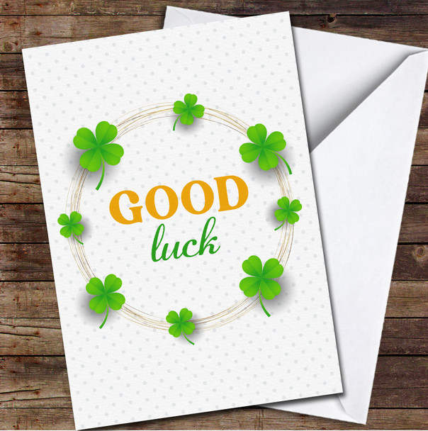 Four Leaf Clover Wreath Good Luck Polka Dot Orange Green Personalised Card