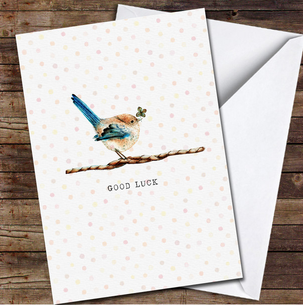 Watercolour Bird Sitting On Branch Good Luck Polka Dot Personalised Card
