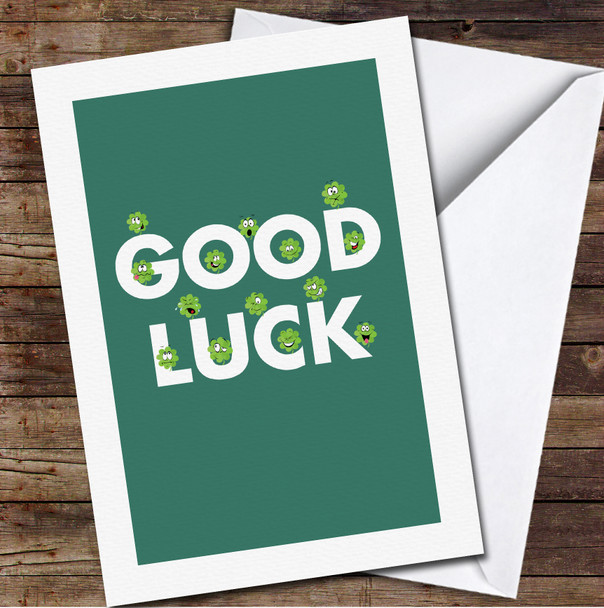 Green Four Leaf Clover Cartoon Characters Good Luck Personalised Card