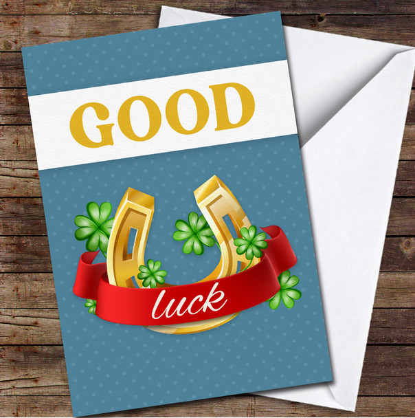 Horseshoe Four Leaf Clovers Gold Good Luck Ribbon Personalised Card
