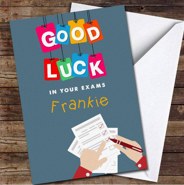 School Exams Papers Good Luck Name Rainbow Blocks Personalised Card