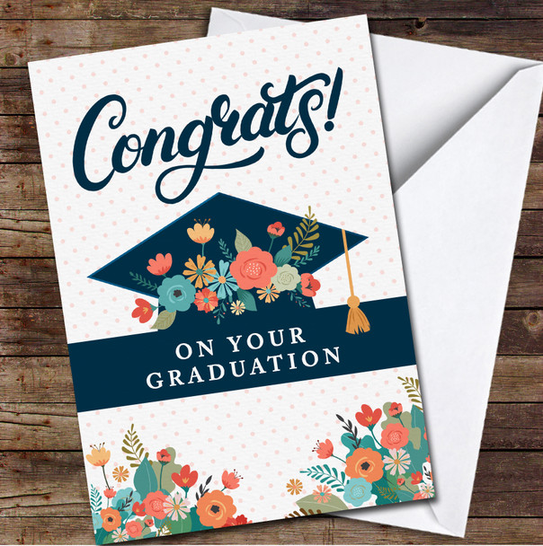 Congrats Graduation Navy Cap Peach Blue Floral Personalised Card