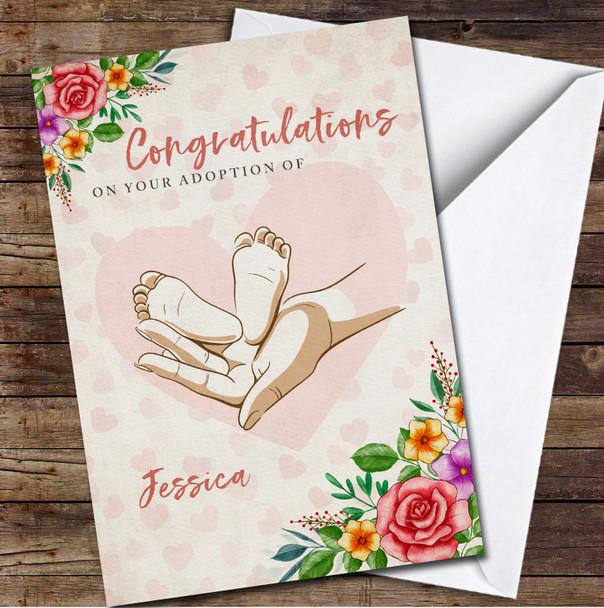 Floral Baby Feet In Hands Adoption New Child Congratulations Personalised Card