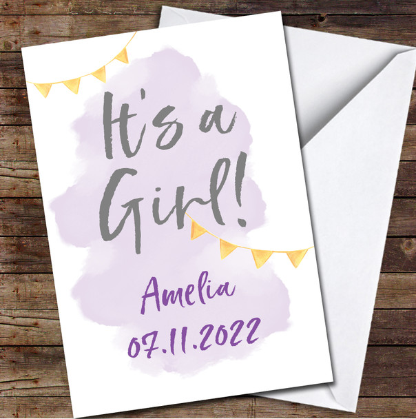 It's A Girl New Baby Girl Date Name Purple Wash Yellow Bunting Personalised Card