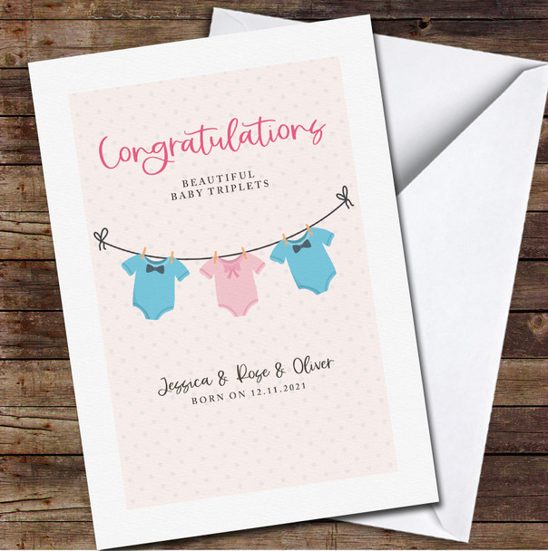 Baby Clothes Triplets New Baby Born Congratulations Pink Blue Personalised Card