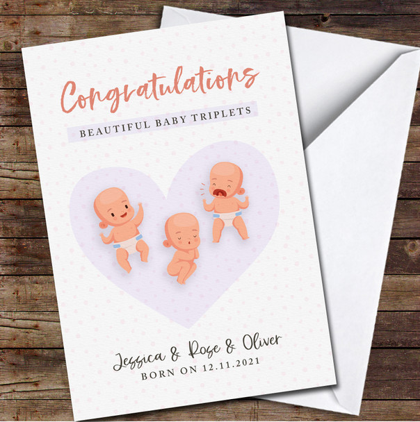 Cute Three Babies Triplets Congratulations Names Birth Date Personalised Card