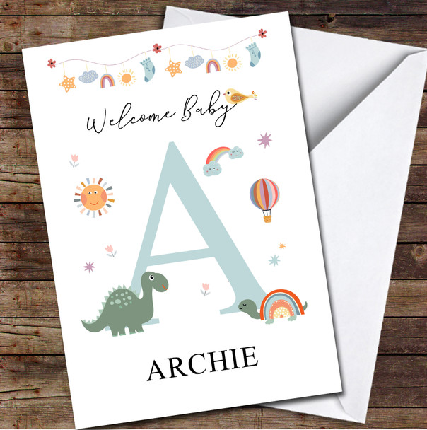 Welcome New Baby Newborn Floral Fun Name & Letter Initial A Personalised Card