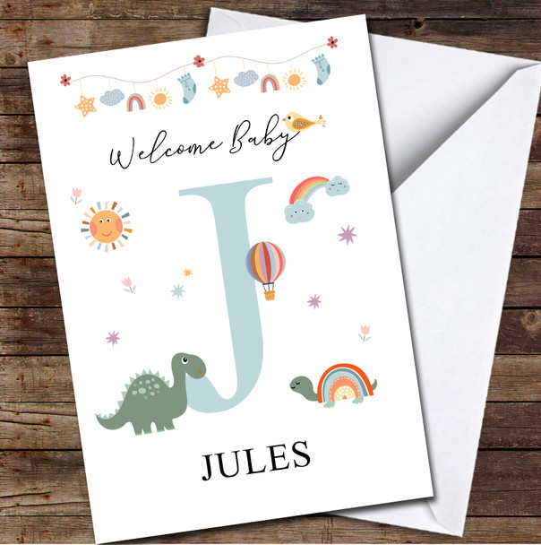 Welcome New Baby Newborn Floral Fun Name & Letter Initial J Personalised Card