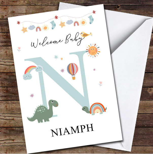 Welcome New Baby Newborn Floral Fun Name & Letter Initial N Personalised Card