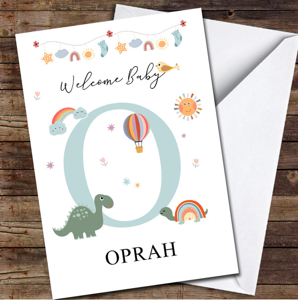 Welcome New Baby Newborn Floral Fun Name & Letter Initial O Personalised Card