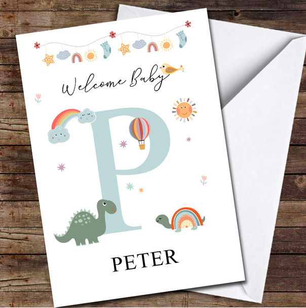 Welcome New Baby Newborn Floral Fun Name & Letter Initial P Personalised Card