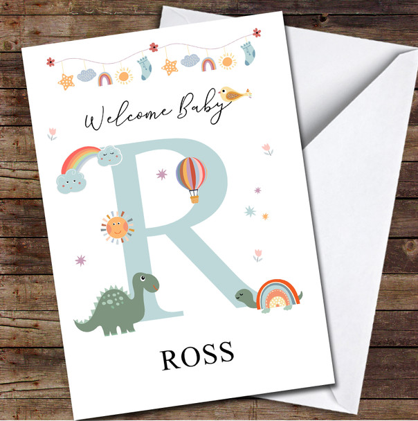 Welcome New Baby Newborn Floral Fun Name & Letter Initial R Personalised Card