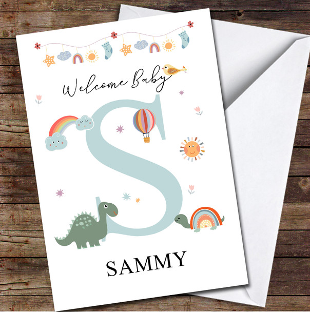 Welcome New Baby Newborn Floral Fun Name & Letter Initial S Personalised Card