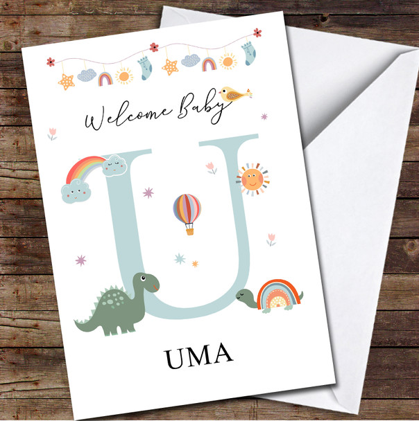 Welcome New Baby Newborn Floral Fun Name & Letter Initial U Personalised Card