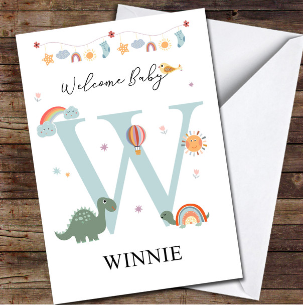 Welcome New Baby Newborn Floral Fun Name & Letter Initial W Personalised Card