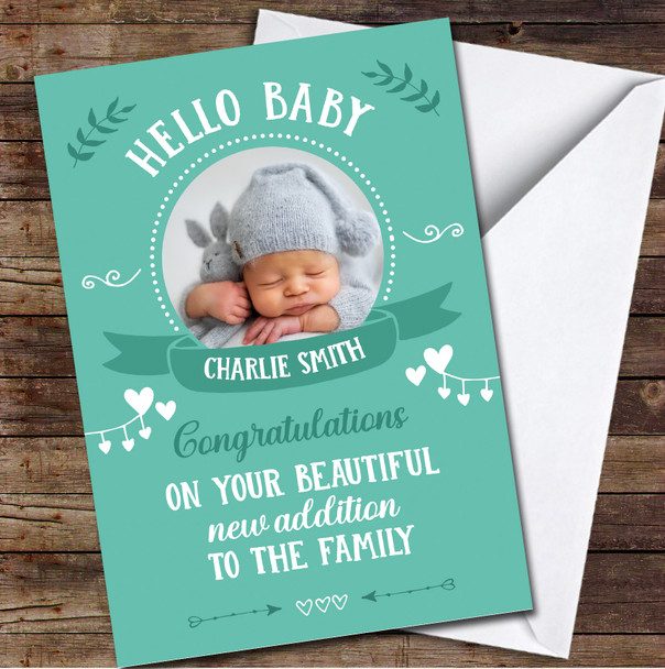 Hello Baby New Baby Born Birth Boy Photo Banner Turquoise Personalised Card