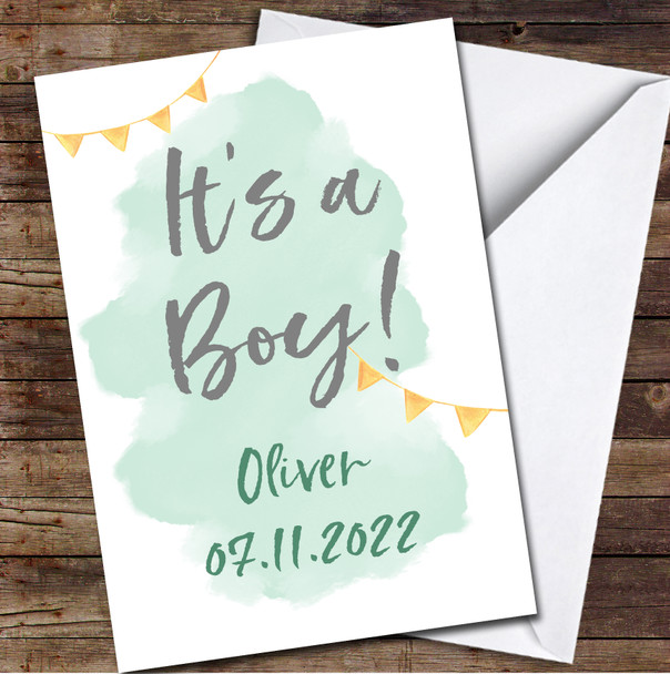 It's A Boy New Baby Boy Date Green Wash Yellow Bunting Personalised Card