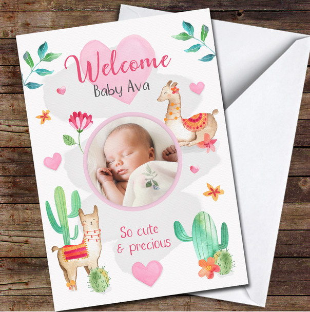 Welcome Baby Girl Cute Lama Pink Orange Photo New Baby Personalised Card