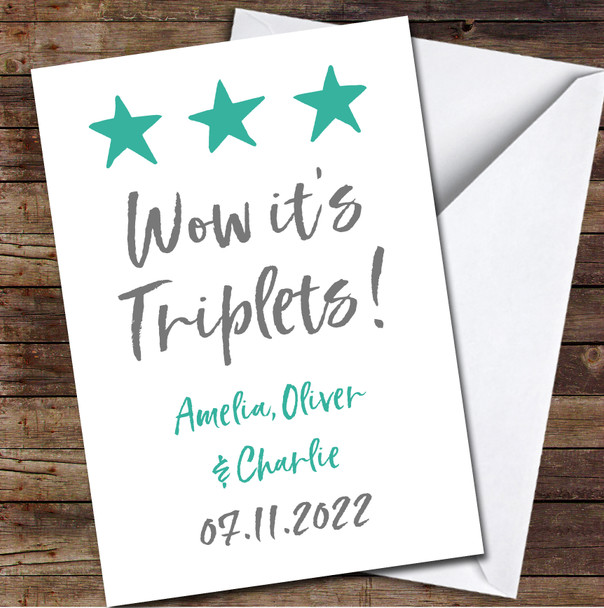 Wow it's Triplets! New Babies Star Info Grey Turquoise Personalised Card