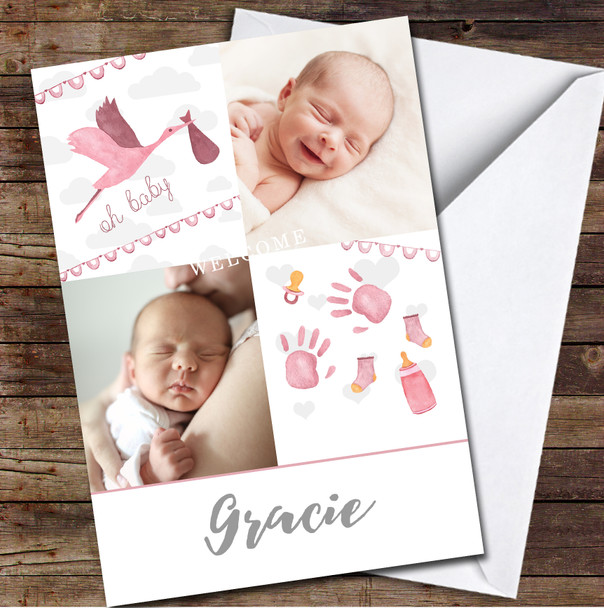 Baby Girl Pink 2 Photos Welcome New Baby Newborn Name Personalised Card