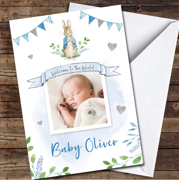 New Baby Boy Born Birth Peter Rabbit Blue Photo Names Personalised Card