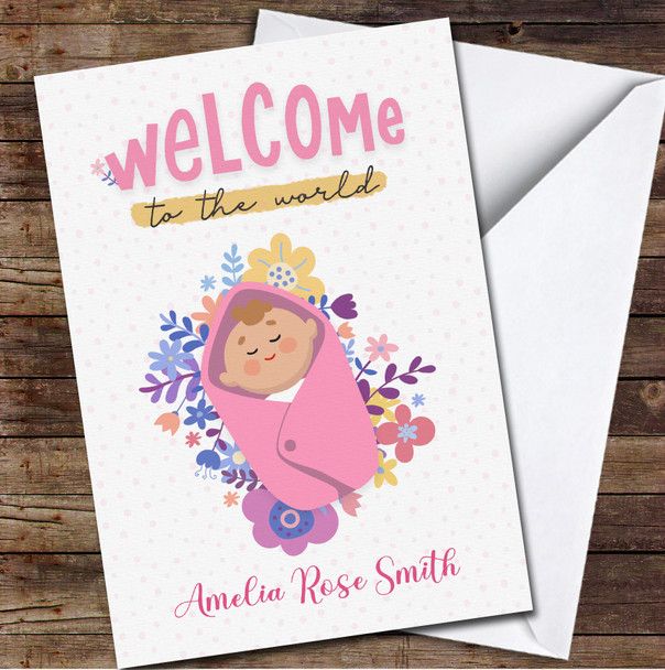 Pink Cute Sleeping Baby New To World Born Floral Name Personalised Card