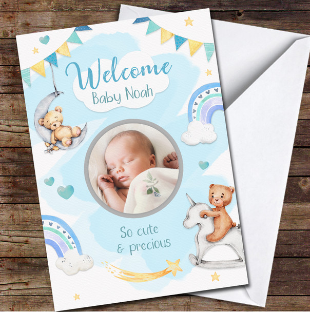 Welcome Baby Boy Cute Teddy Bear Photo New Baby Blue Personalised Card