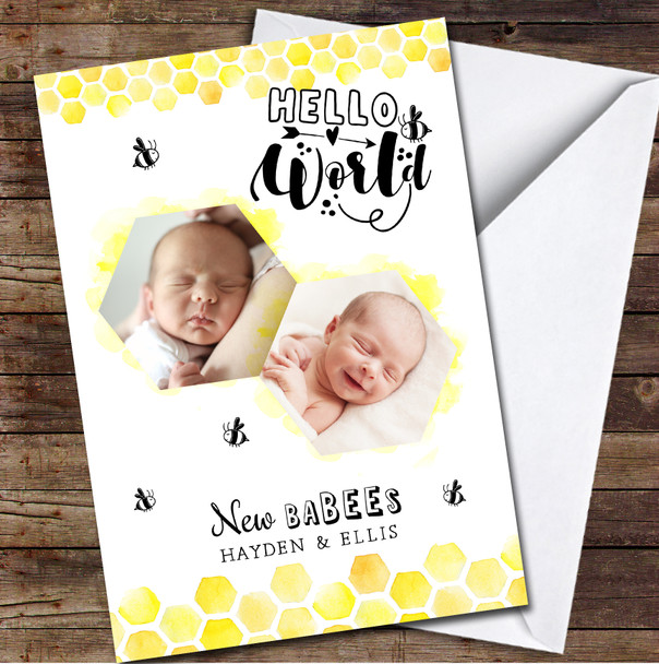 New Babies Newborn Twin Honeycomb Hello World Photo Personalised Card