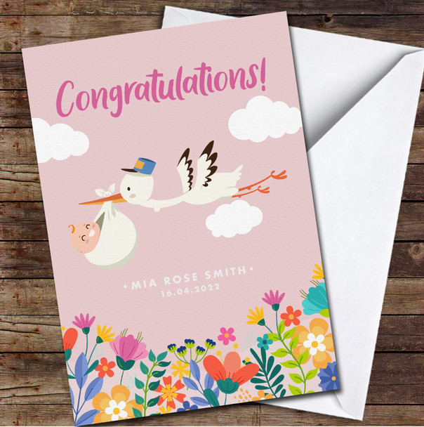 Pink Cute Stork With Skin Baby New Born Name Date Personalised Card