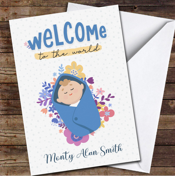 Pink Cute Sleeping Skin Baby Blue New Born Name Personalised Card