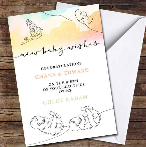 Watercolour Rainbow Line Drawing Twins New Baby Personalised Card