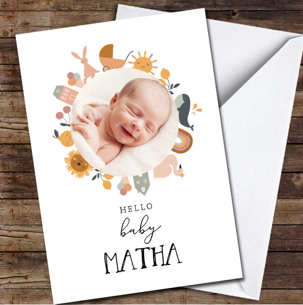 Hello Baby Newborn Fun Icons Wreath Photo Personalised Card