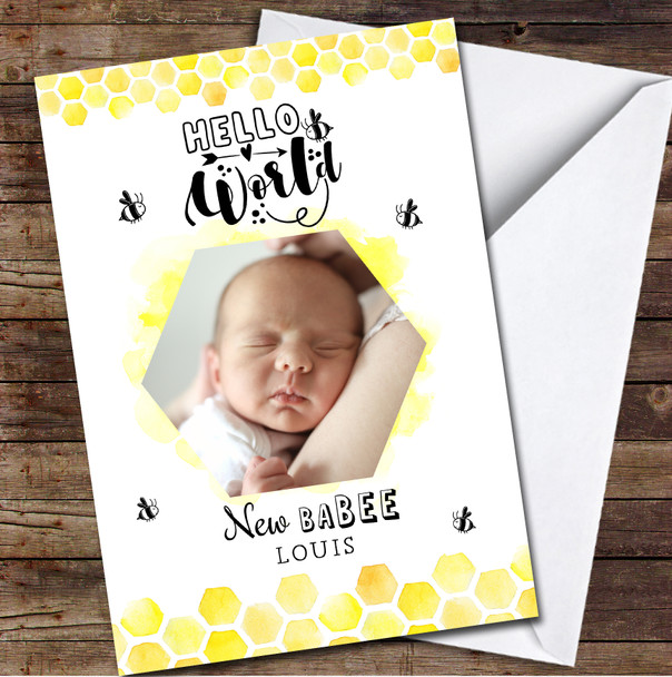 New Baby Bee Hello World Honeycomb Photo Personalised Card