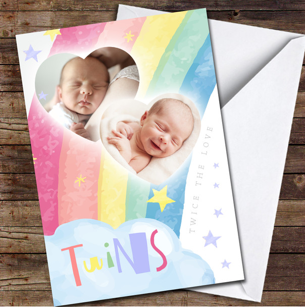 Rainbow Heart New Baby Twins Photo Personalised Card