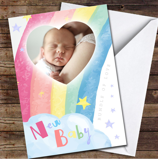 Rainbow Heart New Baby Photo Personalised Card
