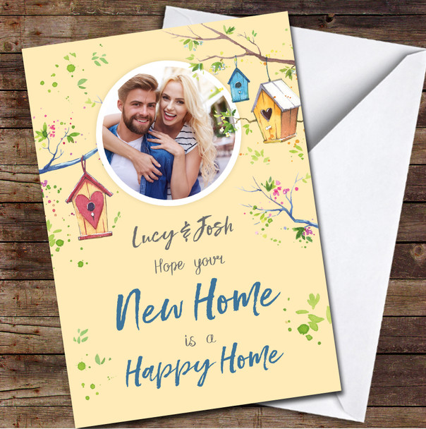 Hope Your New Home Is A Happy Home Bird House Photo Names Personalised Card