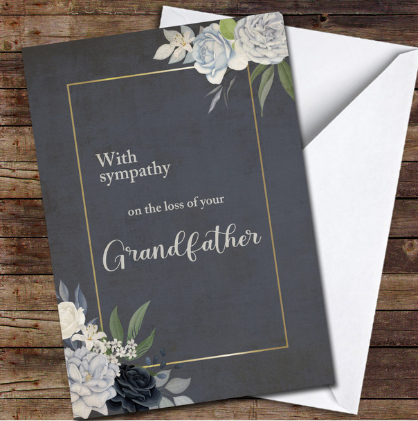 Dark Grey Background Blue Flowers Sympathy Loss Grandfather Personalised Card
