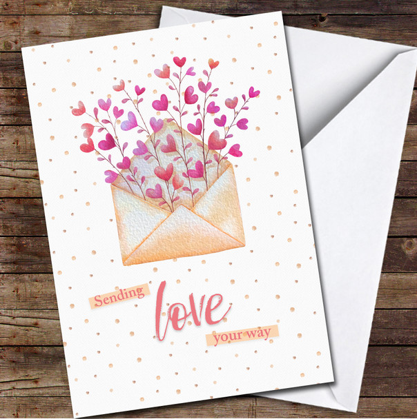 Watercolor Envelope With Pink Hearts Sending Love Sympathy Personalised Card