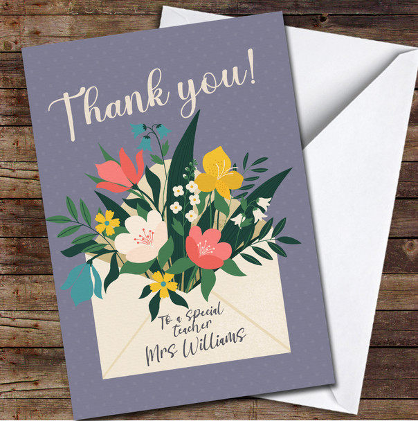 Polka Dot Bunch Of Flowers Envelope Special Teacher Thank You Personalised Card