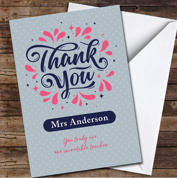 Hand Lettering Pink Blue Thank You Teacher Name Thank You Personalised Card