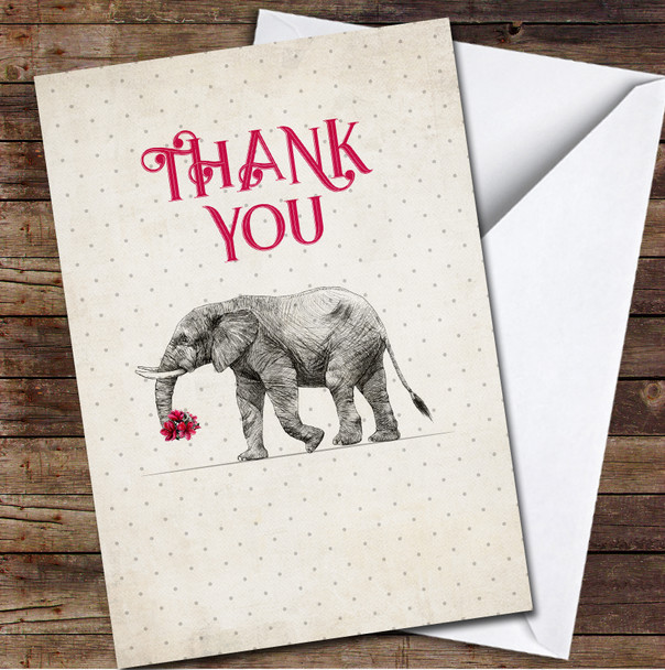 Elephant Holding Flower Thank You Card Polka Pink Flower Personalised Card