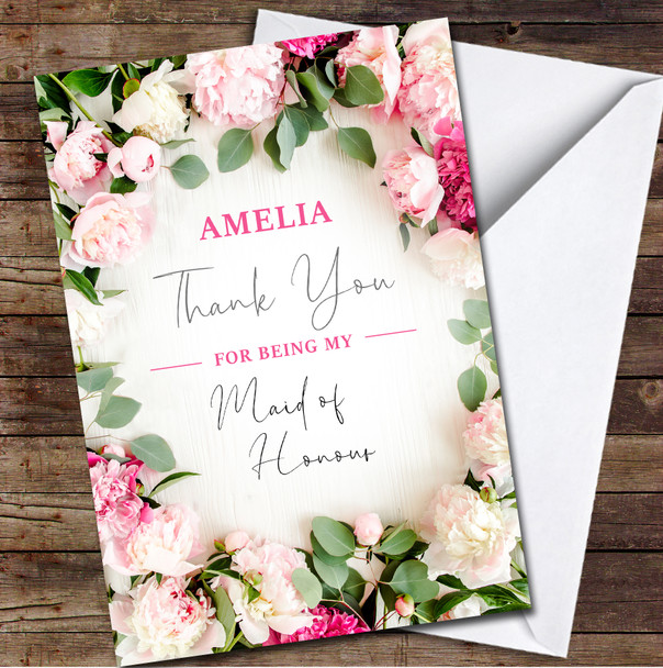 Thank You Maid Of Honour Wedding Day Flowers Floral Pink Personalised Card
