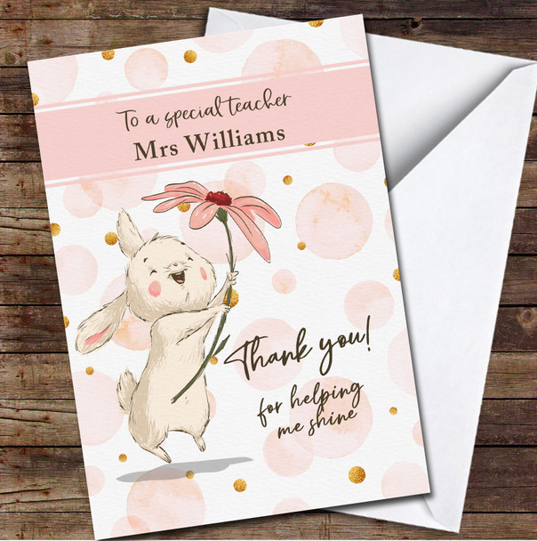 Cute Little Bunny Pink Dots Special Teacher Thank You Personalised Card