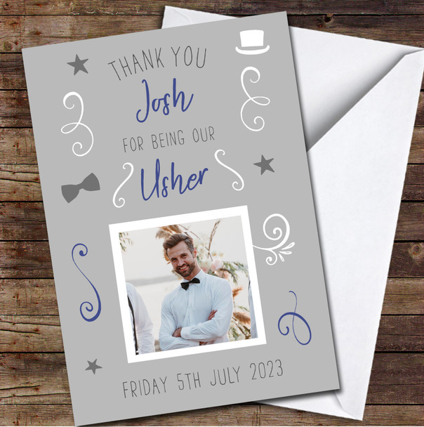 Thank You For Being Our Usher Wedding Day Grey Photo Personalised Card