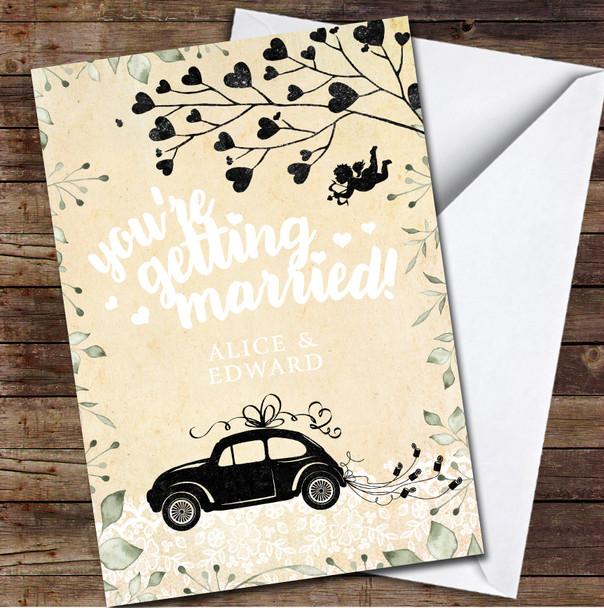 You're Getting Married Wedding Car Names Cupid Vintage Foliage Personalised Card