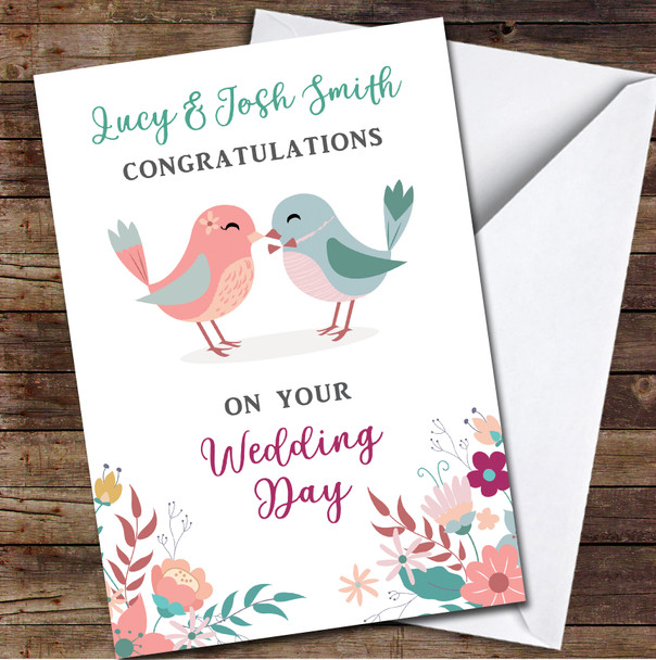 Congratulations Wedding Day Names Love Birds Pink Blue Floral Personalised Card